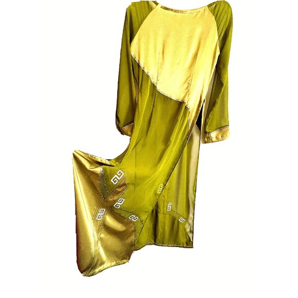 Asian Chinese Long Maxi Sheer Cocktail Dress Size S Green Metallic Silver - Picture 4 of 15
